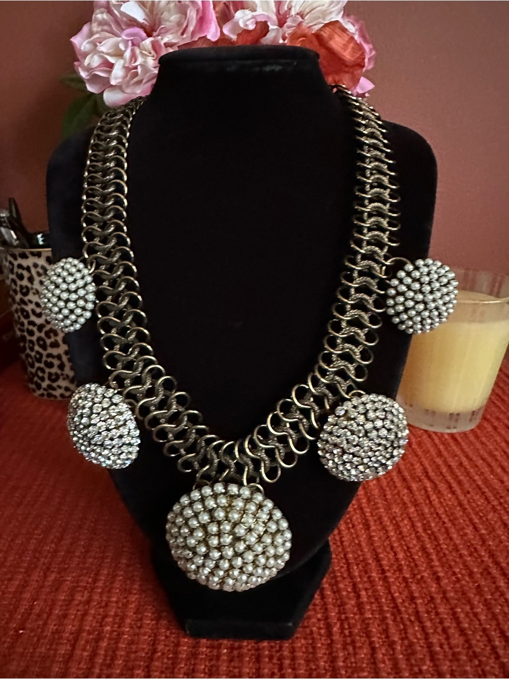 Vintage Statement Pearl And Crystal Cluster Necklace in Antique color Gold-Tone
